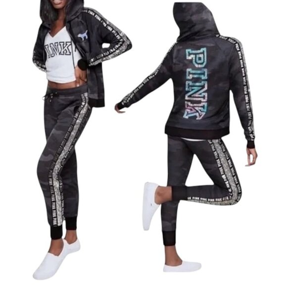 PINK Victoria's Secret Grey Camo Mermaid Bling Jacket & Jogger Set! EUC! - Picture 1 of 11